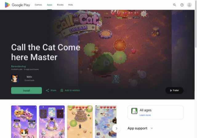 The Google Play listing for Call the Cat Come here Master, showing 500+ downloads.