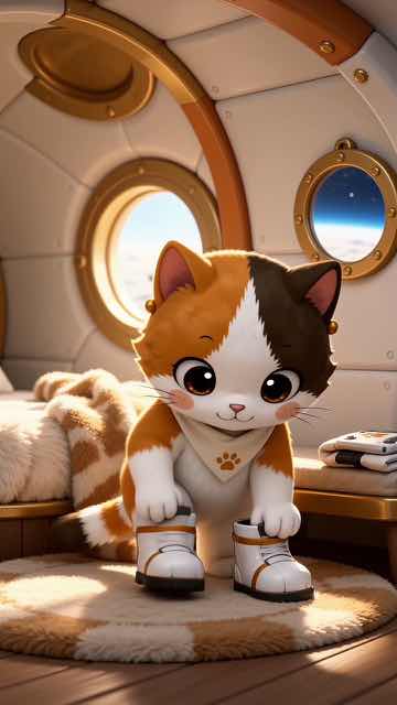 The calico cat standing in the cabin of the spaceship base.