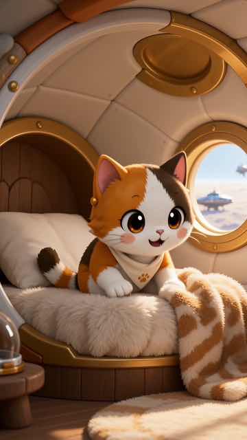 The calico cat resting on the bed in the cabin, a ship visible through the porthole.