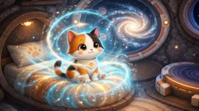Concept art of the calico cat on a cushion inside the base, wrapped in a swirl of light with a galaxy through the window.