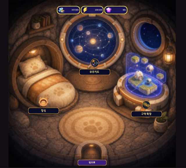 Inside the home base — the bed, the star map, the area-expansion console and the exit.