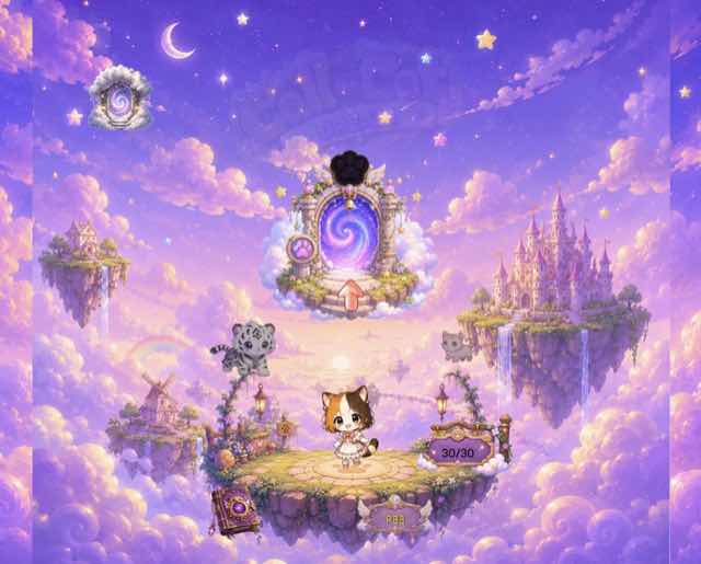 The ported mode's own start screen — the cat on a floating island under a pink cloud sky, with a portal and a castle.