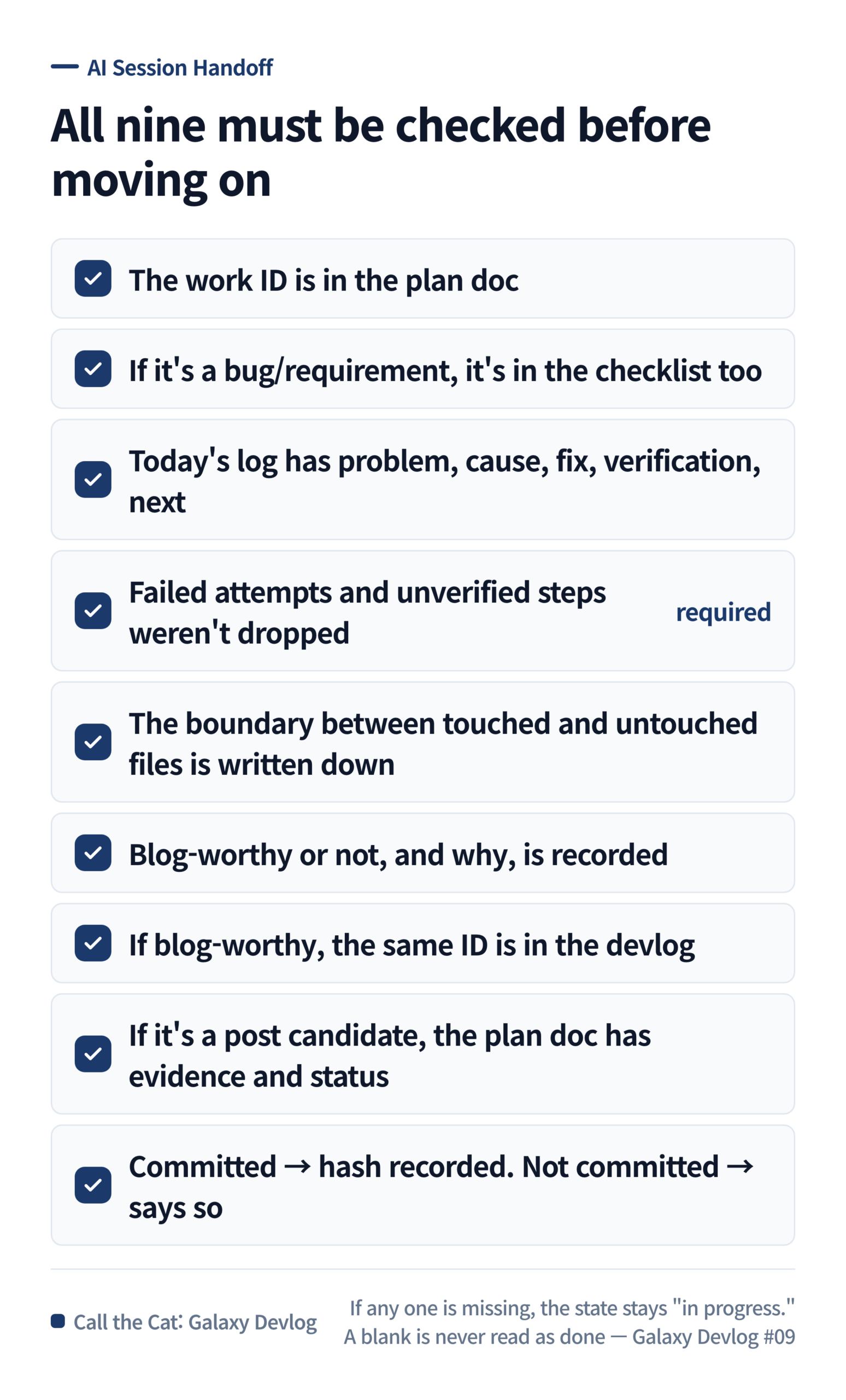 Nine checks that all have to pass before a task counts as closed.