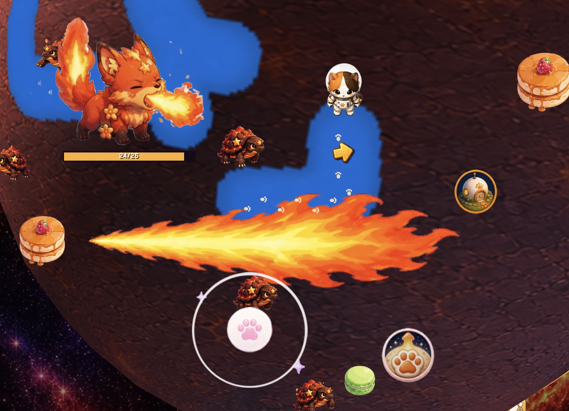 The actual symptom: the fire's direction and the cat character's position do not line up.