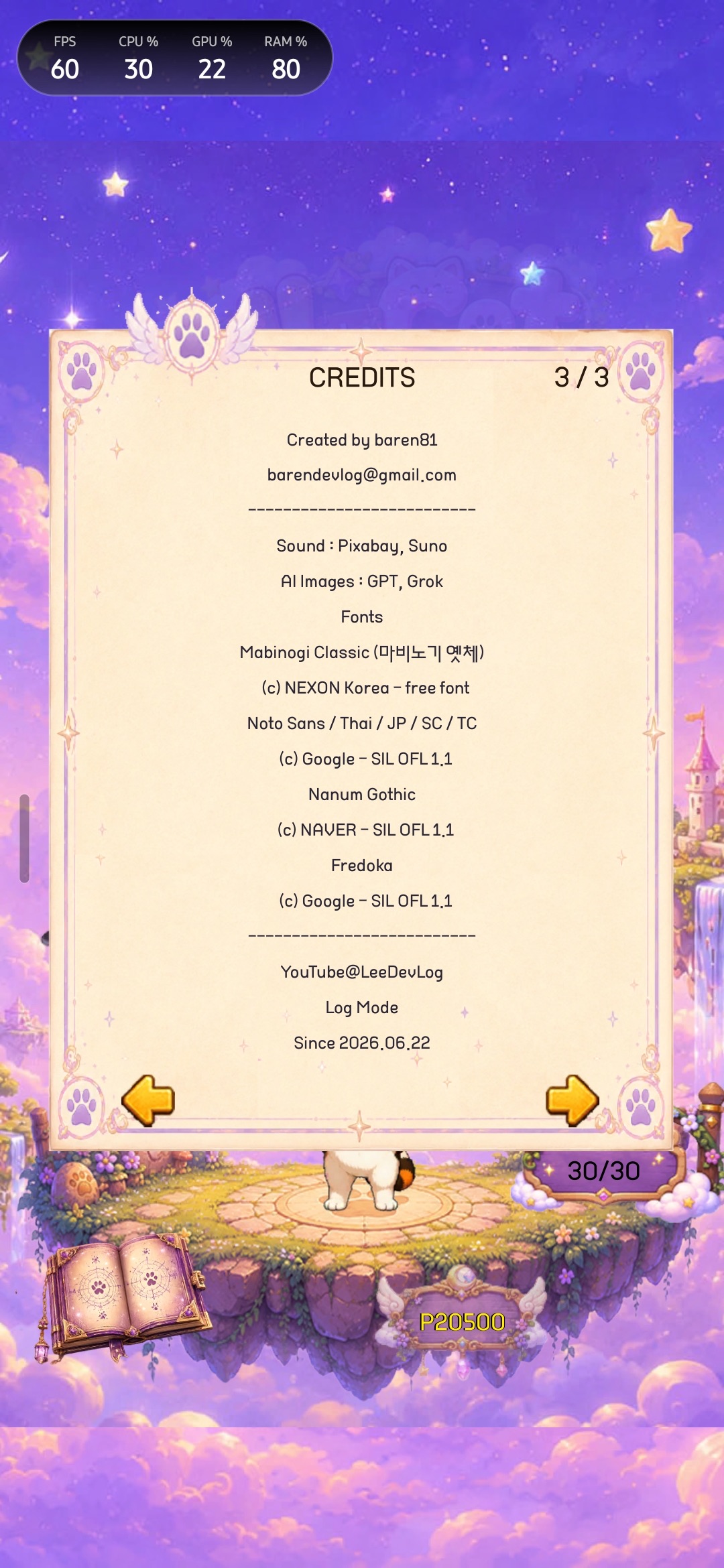 The Noto Sans / Thai / JP / SC / TC font list in the credits screen.