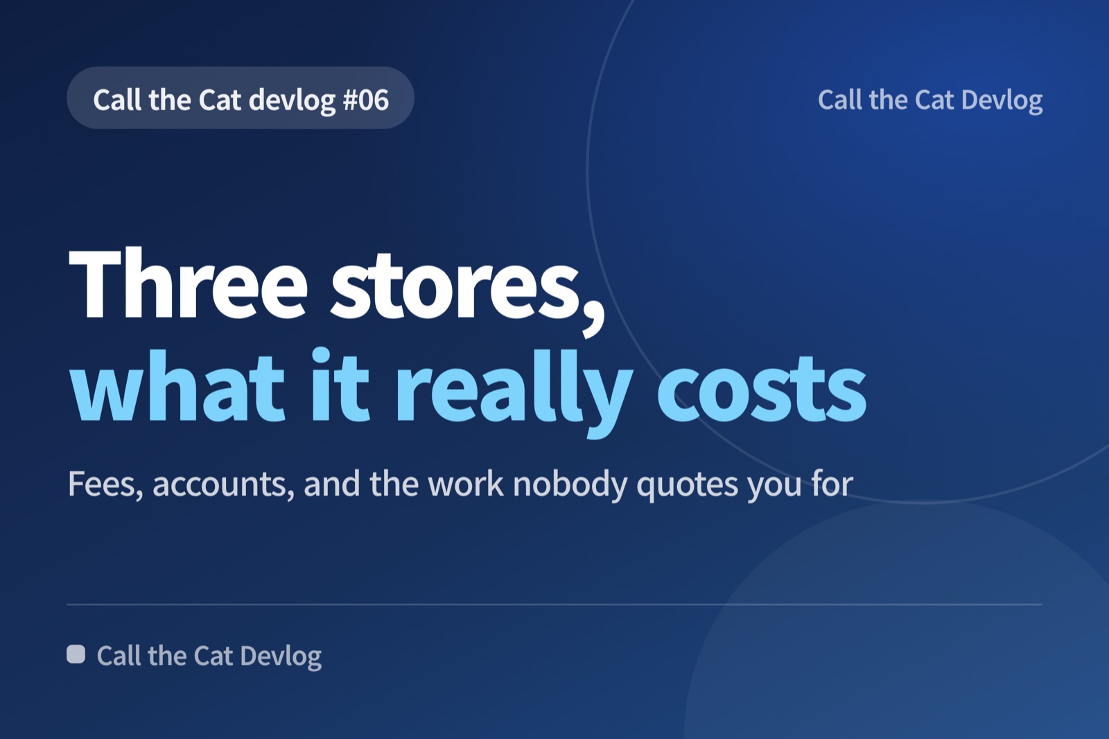 Devlog card: "Three stores, what it really costs" — Fees, accounts, and the work nobody quotes you for.