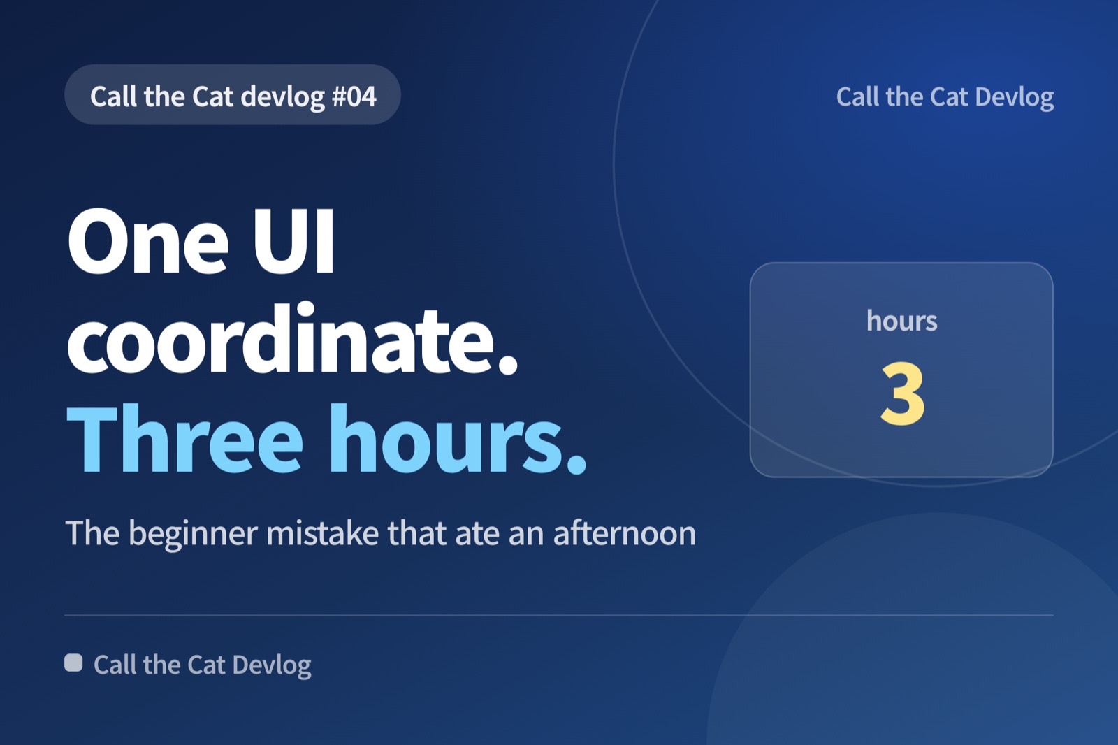 Devlog card: "One UI coordinate. Three hours" — The beginner mistake that ate an afternoon.