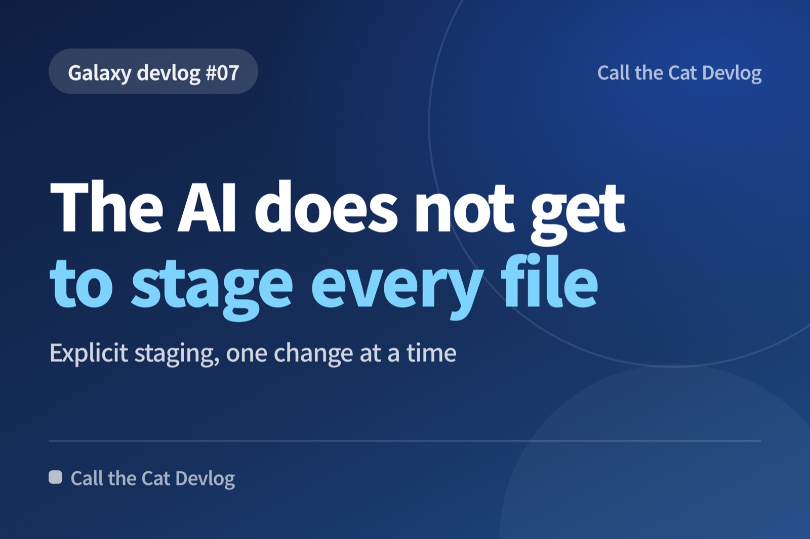 Devlog card: "The AI does not get to stage every file" — Explicit staging, one change at a time.
