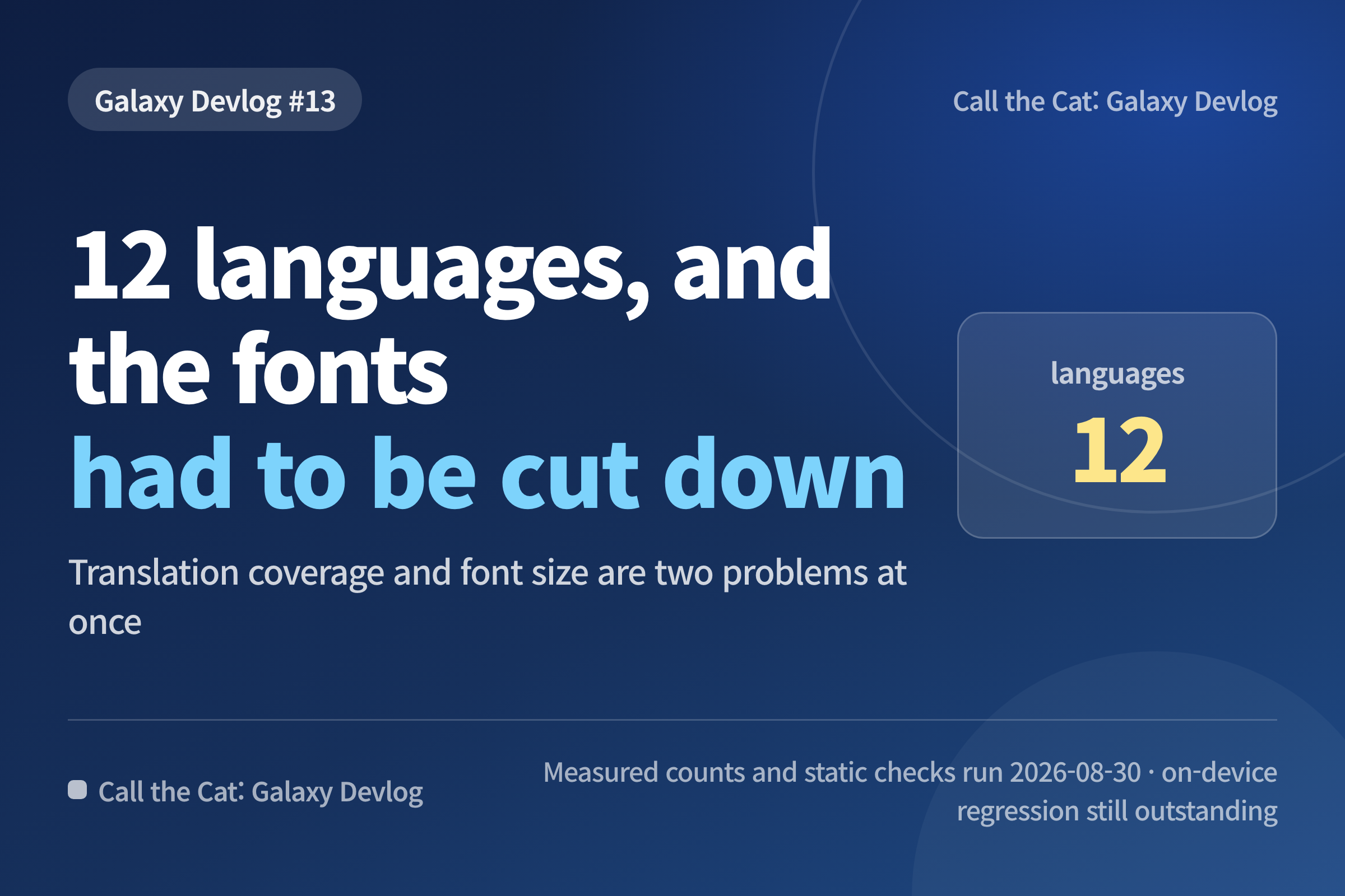 Title card: 12 languages, and the fonts had to be cut down — Galaxy Devlog #13