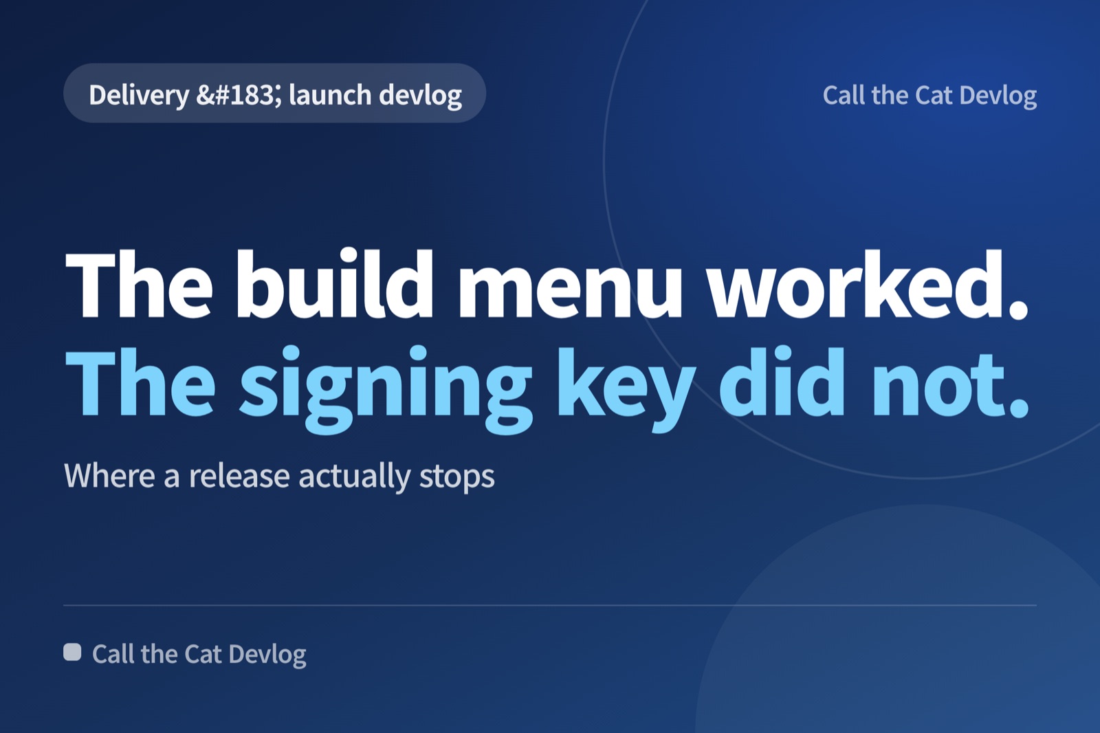 Devlog card: "The build menu worked. The signing key did not" — Where a release actually stops.