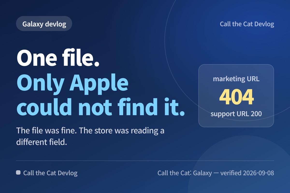 Devlog card: "One file. Only Apple could not find it" — The file was fine. The store was reading a different field.