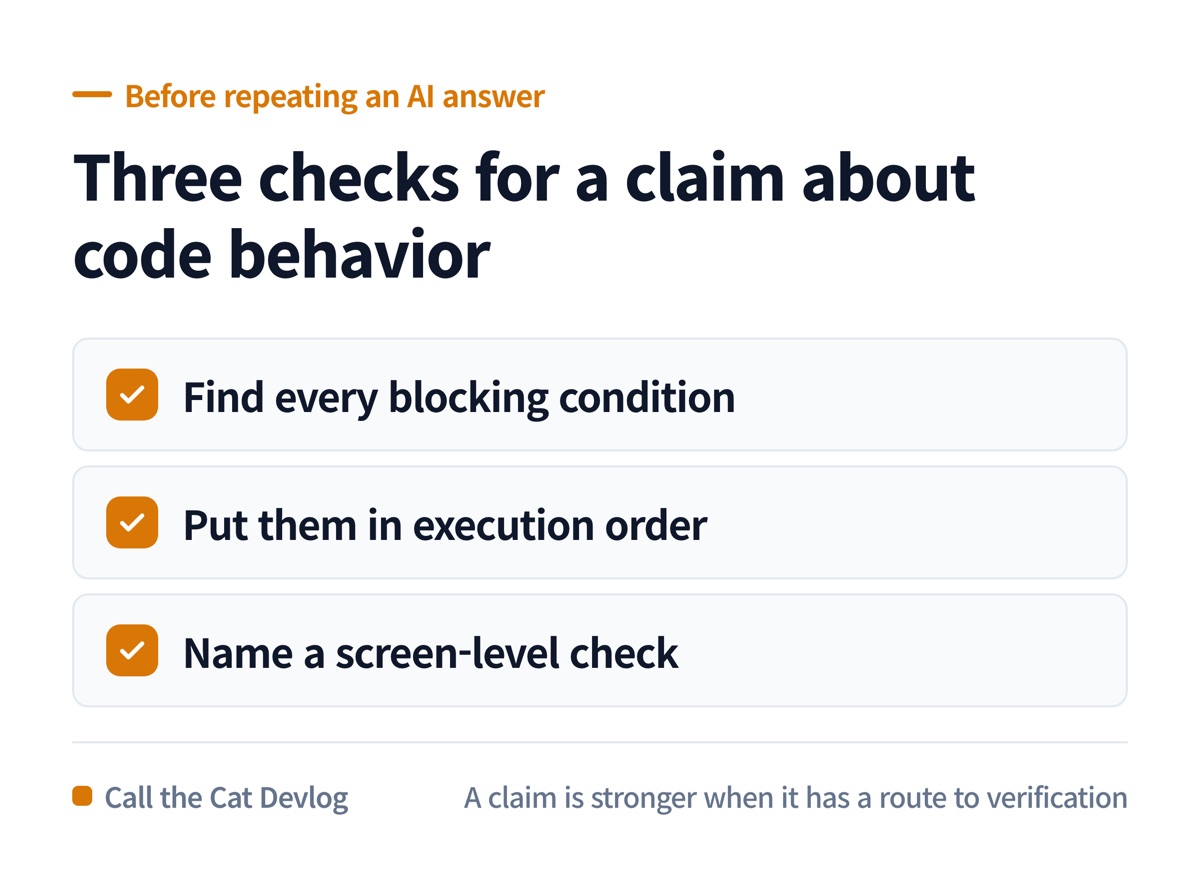 Three questions that turn a code claim into a verifiable path.