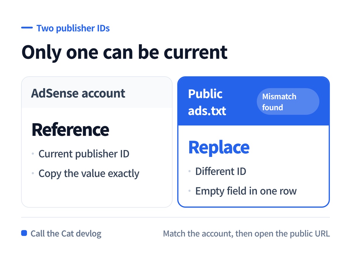 Compare the publisher ID in the account with the ID in the public ads.txt file.
