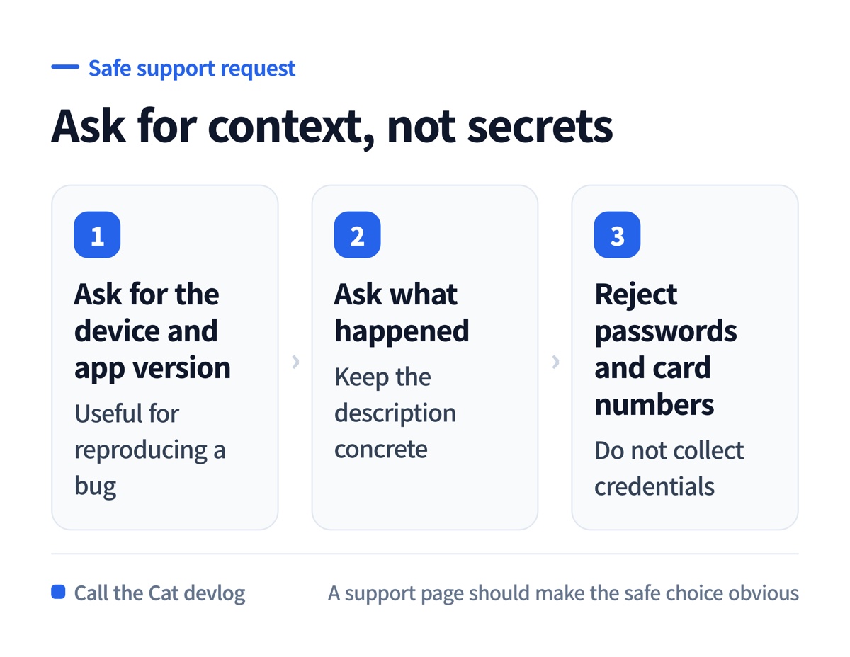 Ask for reproducible context while warning users not to submit credentials or card numbers.
