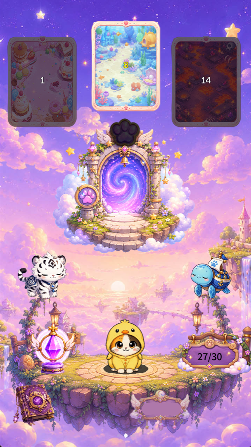 Stage select hub with companion pets floating around a cat in a duck outfit.