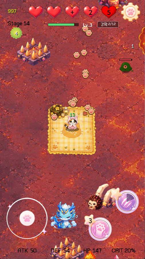 A run in progress on a lava stage, with hearts, stage number and attack stats on screen.