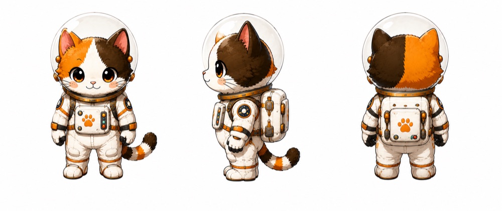 Turnaround sheet for the astronaut cat — front, side and back views.