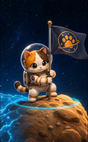 The astronaut cat planting a paw-print flag on an asteroid.