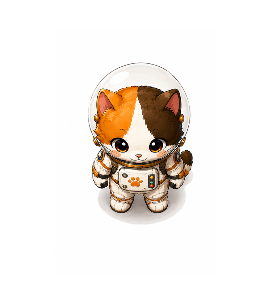 Character design for Ruru, a calico cat in a white spacesuit with a paw-print badge.