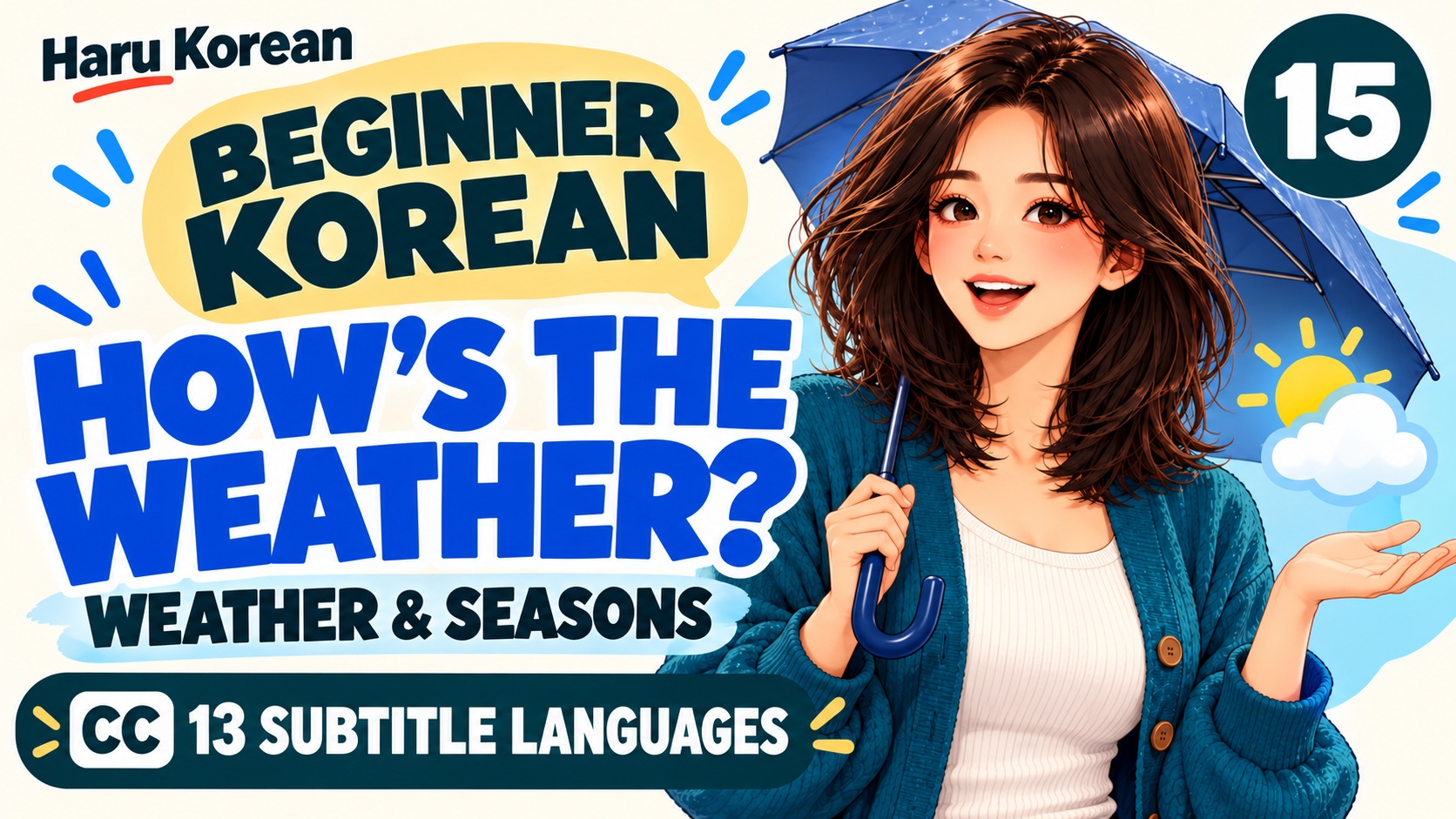 Beginner Korean · Lesson 15 · Weather & Seasons · 13 subtitle languages